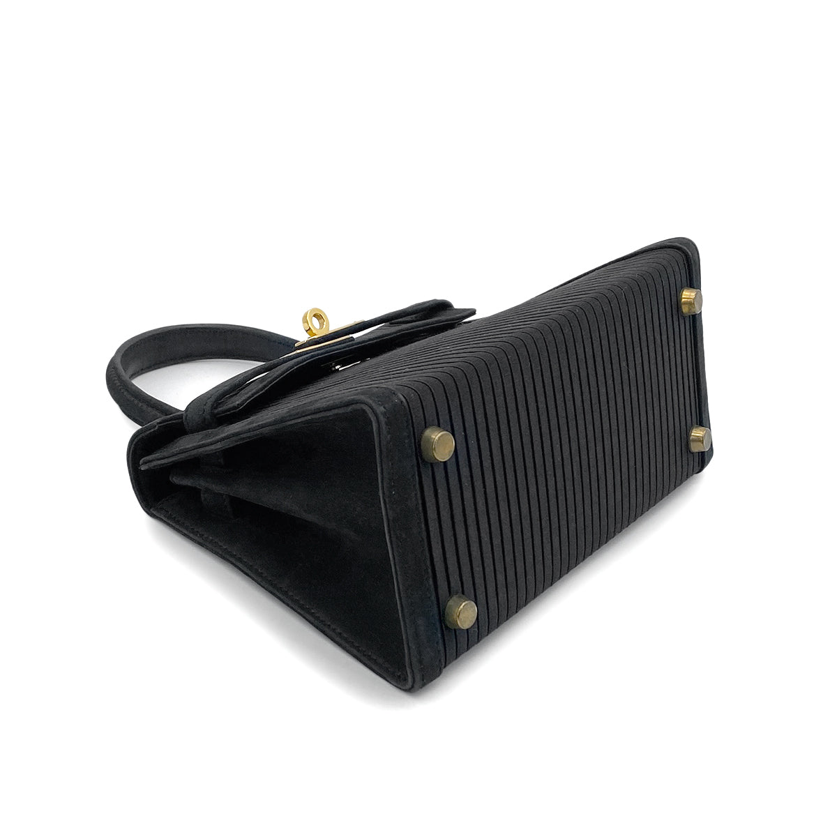 HERMES MINI KELLY 20 BLACK DEBRIS SATIN PLEATS HAND SHOULDER BAG 〇U GHW 90265308