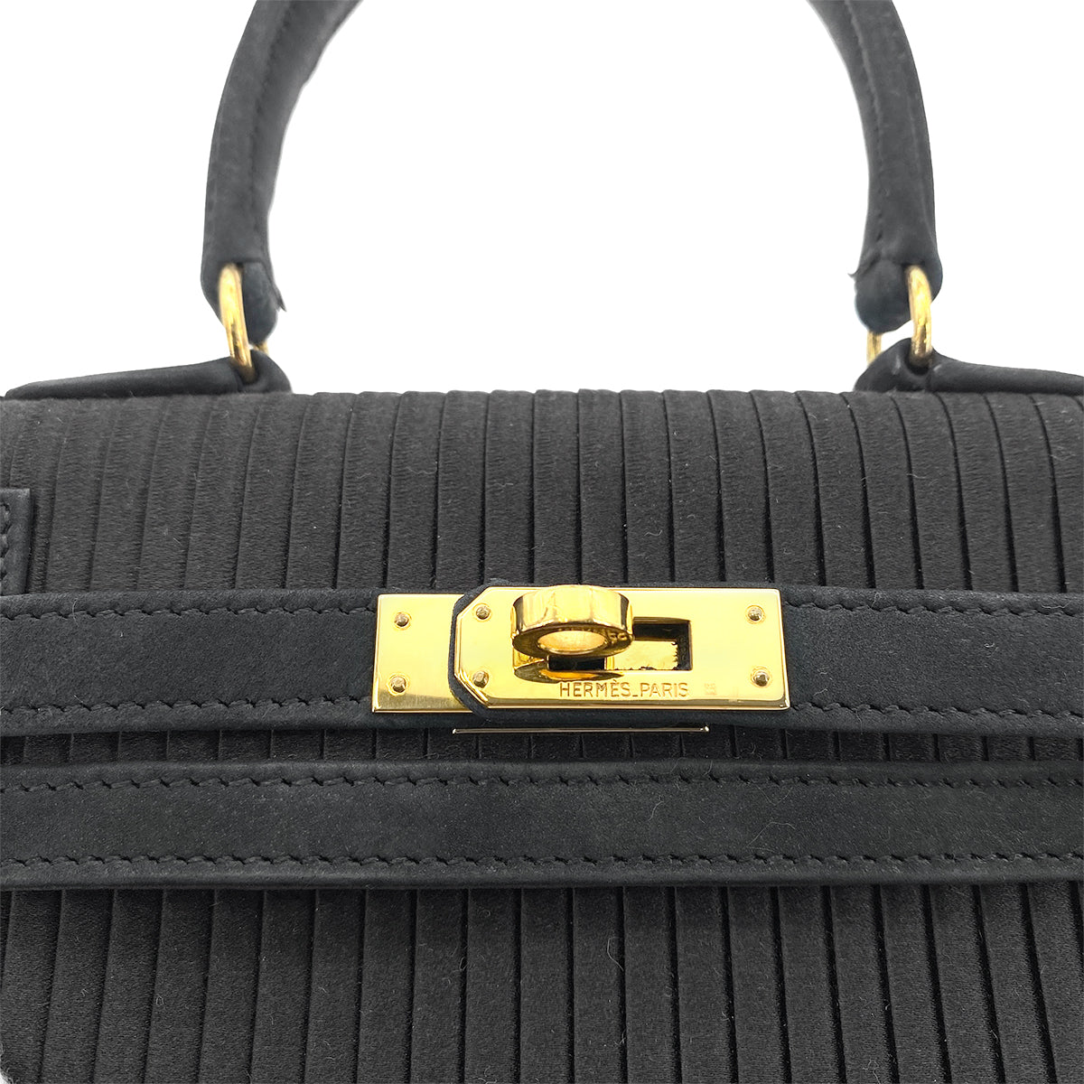 HERMES MINI KELLY 20 BLACK DEBRIS SATIN PLEATS HAND SHOULDER BAG 〇U GHW 90265308