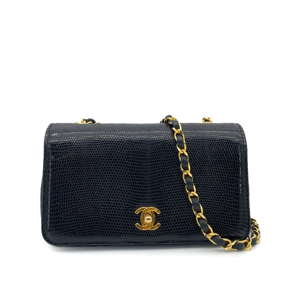 CHANEL VINTAGE CHAIN SHOULDER BAG BLACK LIZARD 90265313