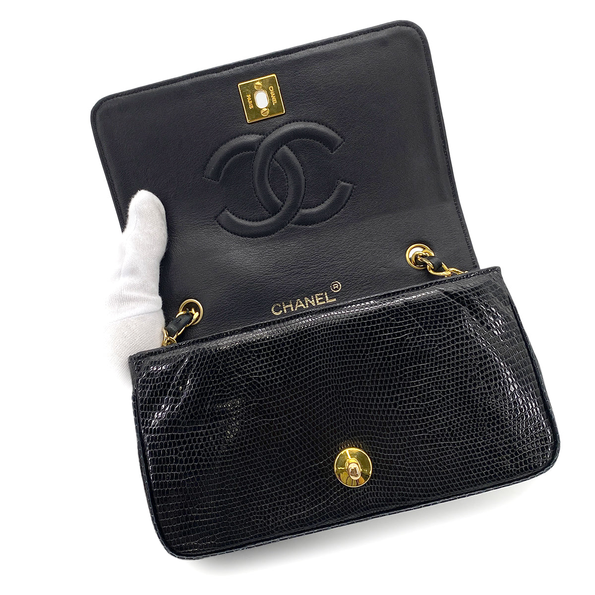 CHANEL VINTAGE CHAIN SHOULDER BAG BLACK LIZARD 90265313