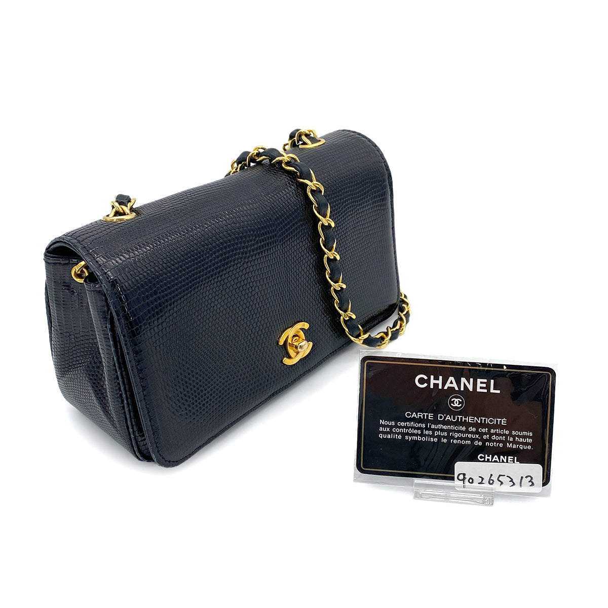 CHANEL VINTAGE CHAIN SHOULDER BAG BLACK LIZARD 90265313