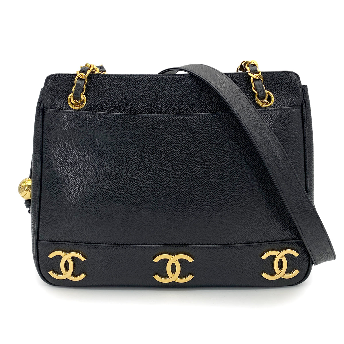 CHANEL VINTAGE TRIPLE COCO CHAIN TOTE BAG BLACK CAVIAR SKIN 90265317