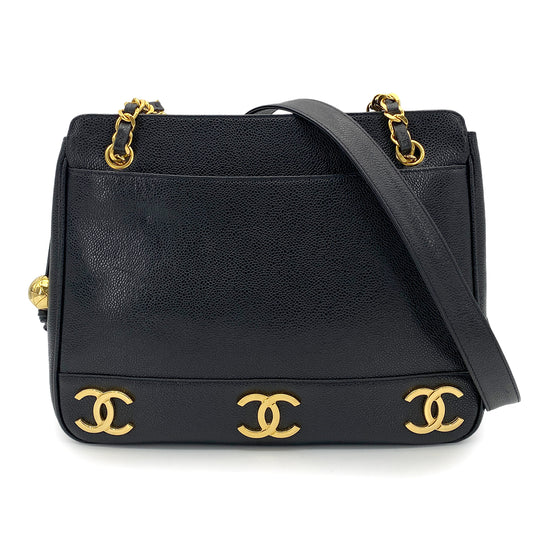 CHANEL VINTAGE TRIPLE COCO CHAIN TOTE BAG BLACK CAVIAR SKIN 90265317