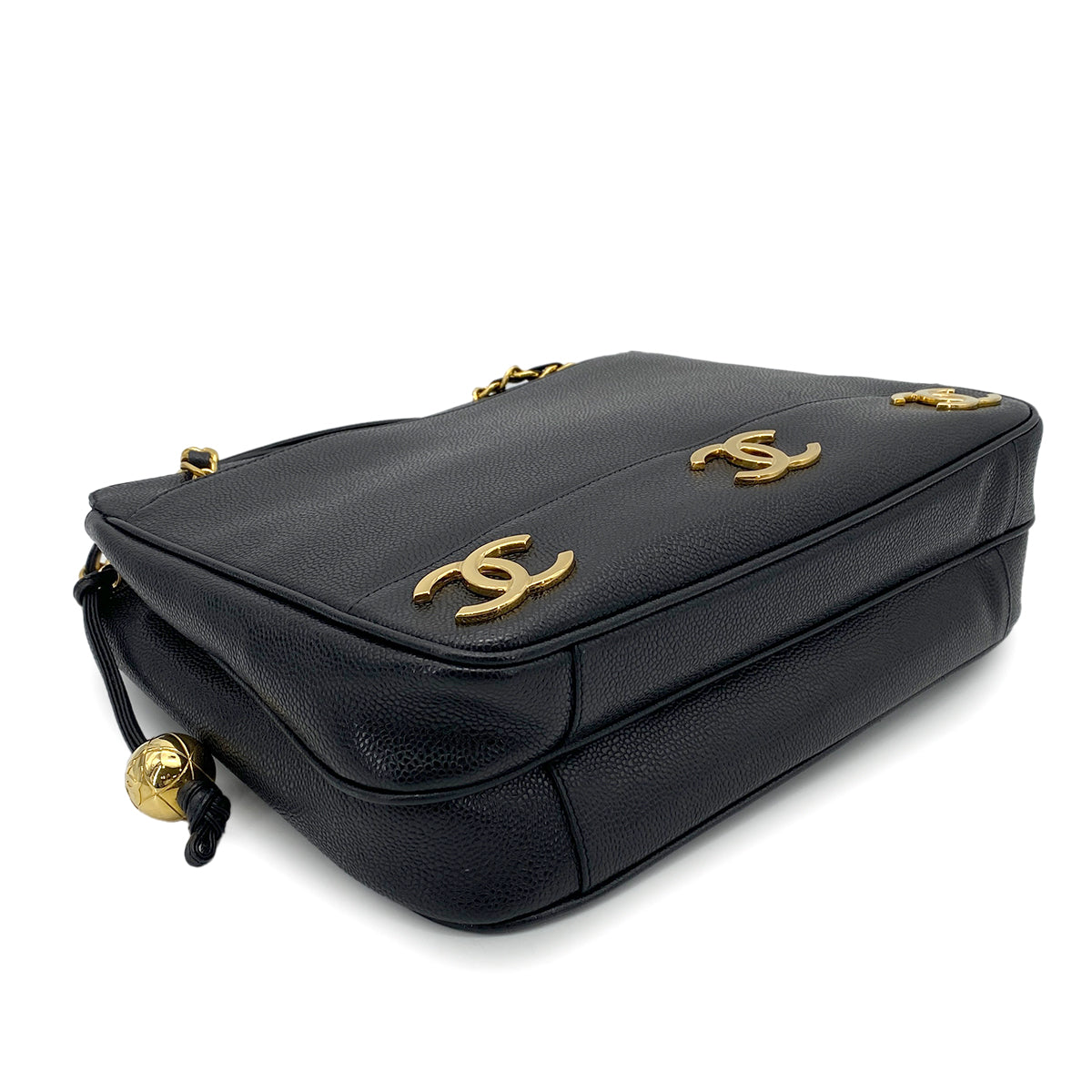 CHANEL VINTAGE TRIPLE COCO CHAIN TOTE BAG BLACK CAVIAR SKIN 90265317