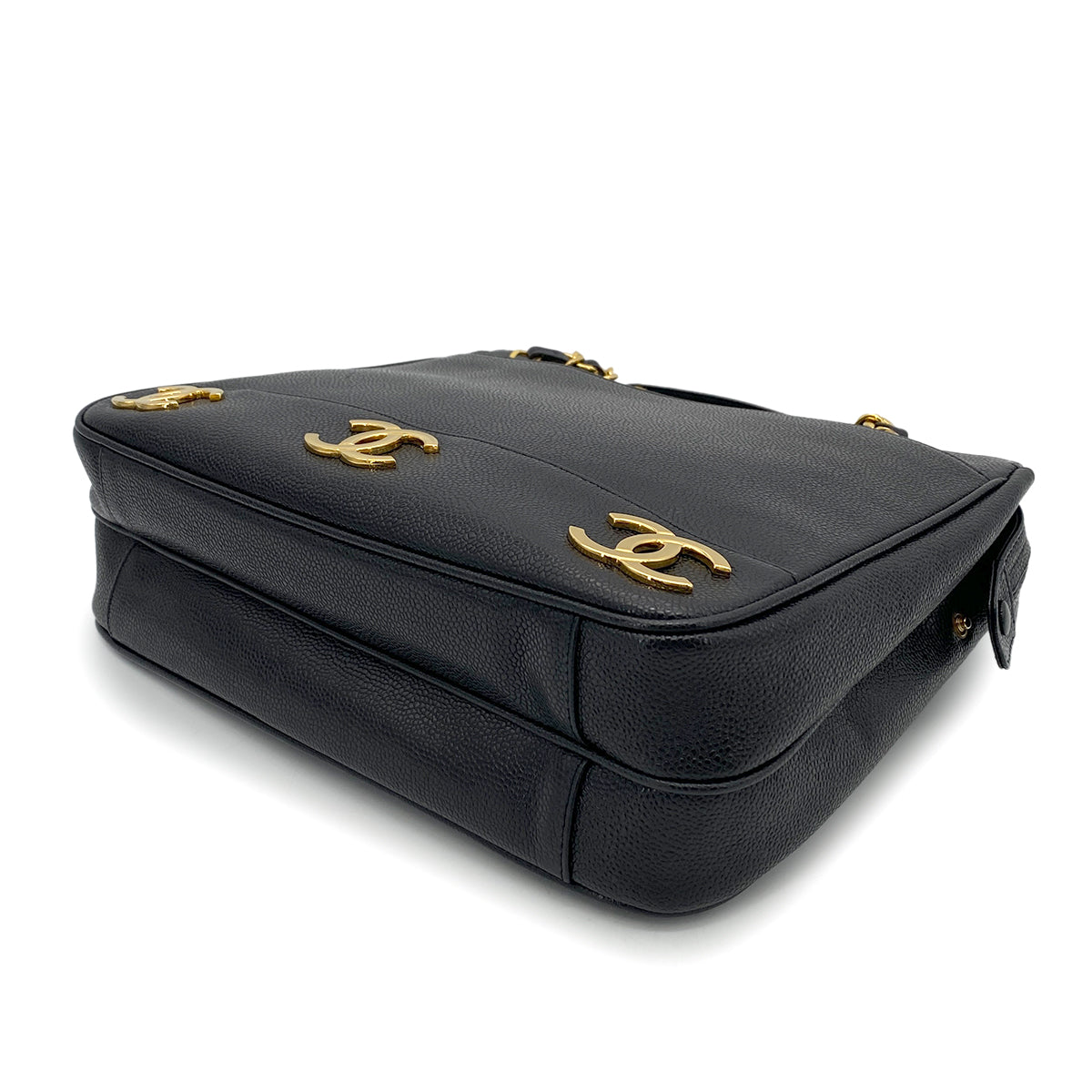 CHANEL VINTAGE TRIPLE COCO CHAIN TOTE BAG BLACK CAVIAR SKIN 90265317