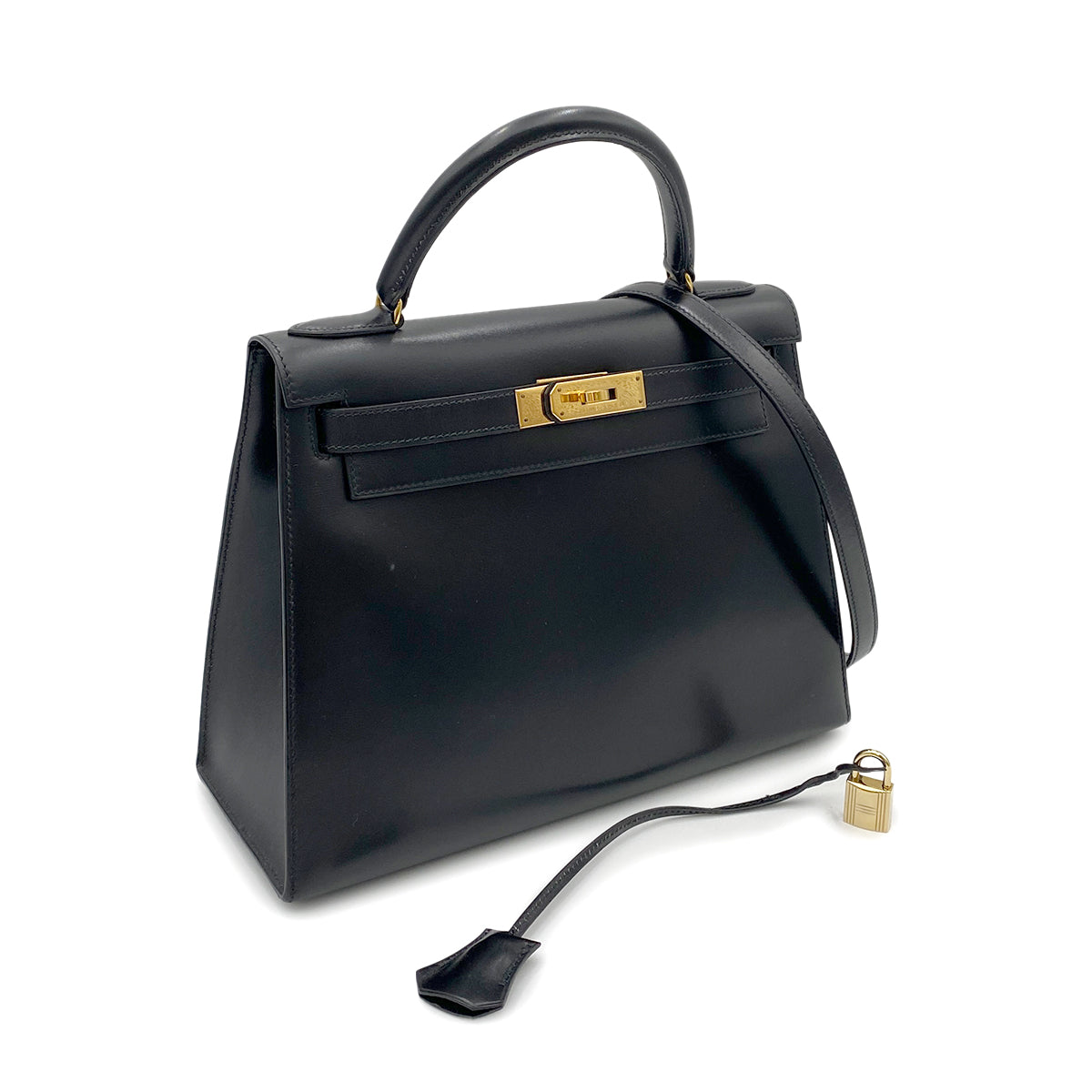 HERMES KELLY 28 SELLIER BLACK BOXCALF HAND SHOULDER BAG 〇U 90265329