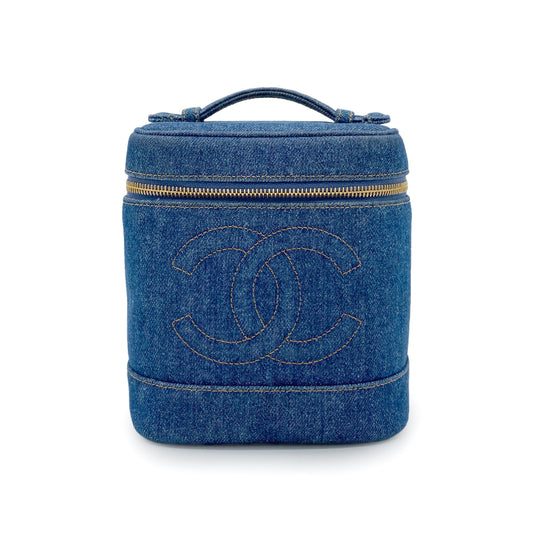 CHANEL VINTAGE VANITY HAND BAG BLUE DENIM 90265413