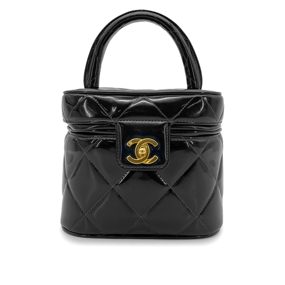 CHANEL VINTAGE VANITY HEART MIRROR HAND BAG BLACK ENAMEL 90265414