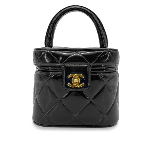 CHANEL VINTAGE VANITY HEART MIRROR HAND BAG BLACK ENAMEL 90265414