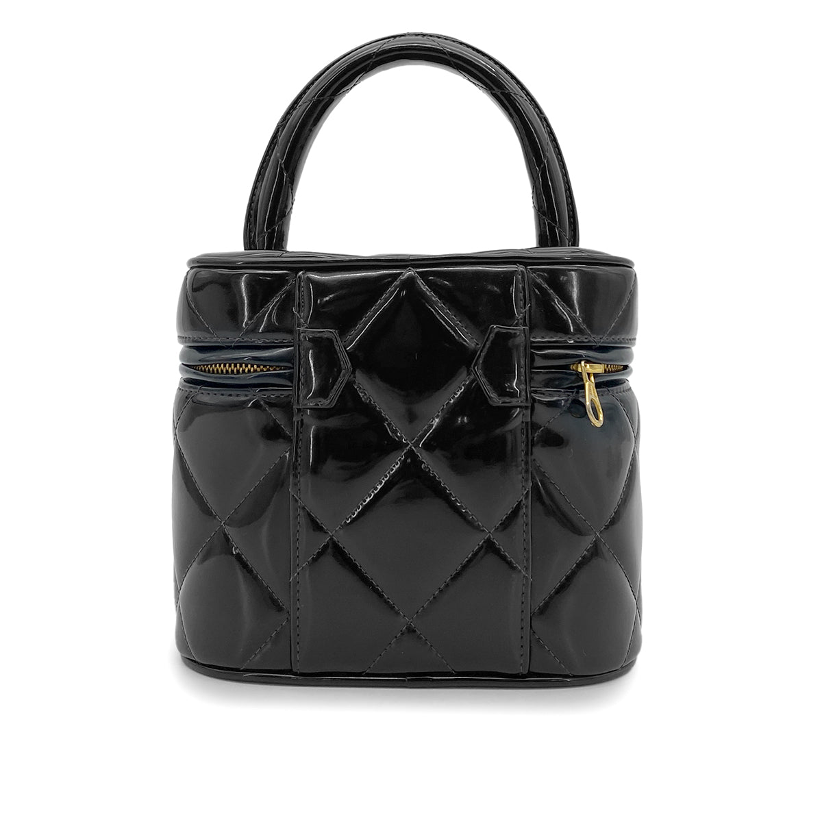 CHANEL VINTAGE VANITY HEART MIRROR HAND BAG BLACK ENAMEL 90265414