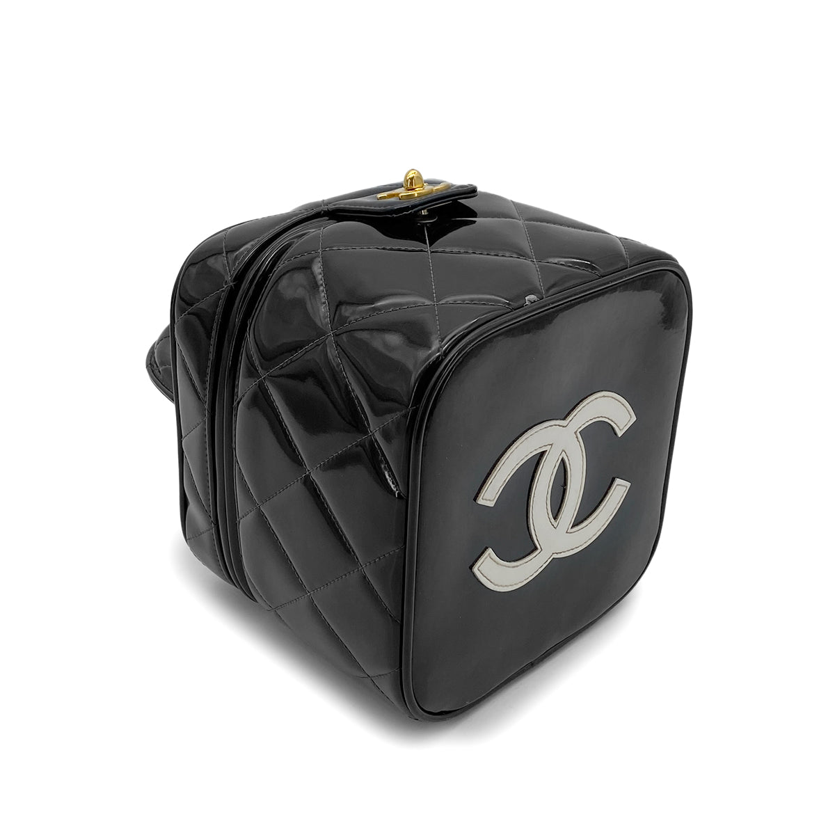 CHANEL VINTAGE VANITY HEART MIRROR HAND BAG BLACK ENAMEL 90265414