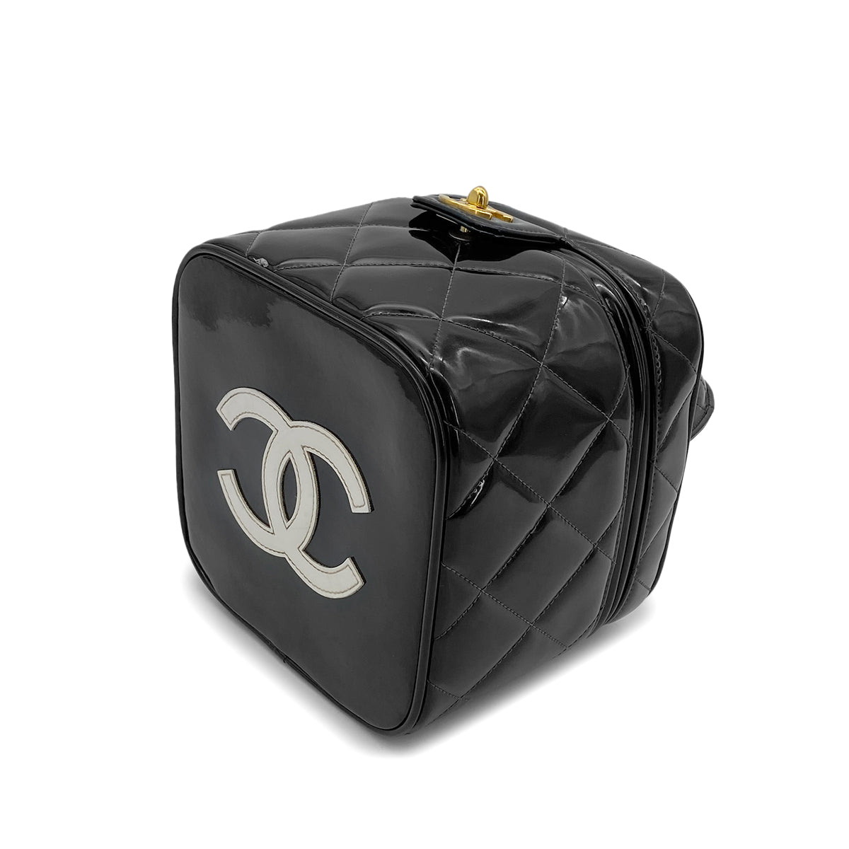 CHANEL VINTAGE VANITY HEART MIRROR HAND BAG BLACK ENAMEL 90265414
