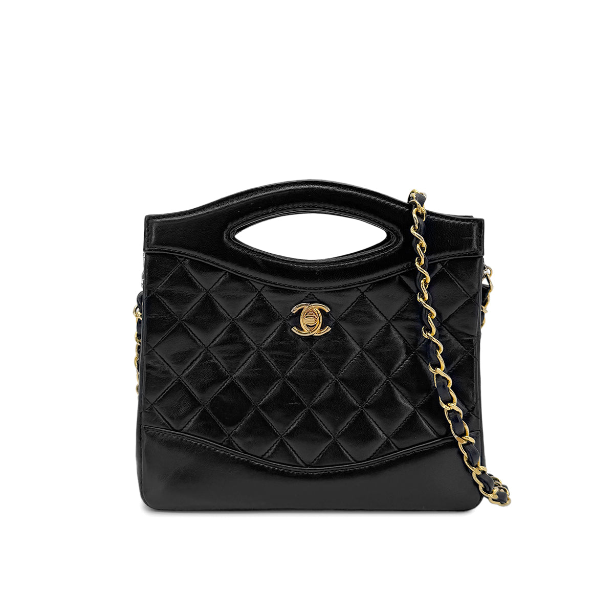 CHANEL VINTAGE 2WAY HAND CHAIN SHOULDER BAG BLACK LAMB SKIN 90265415