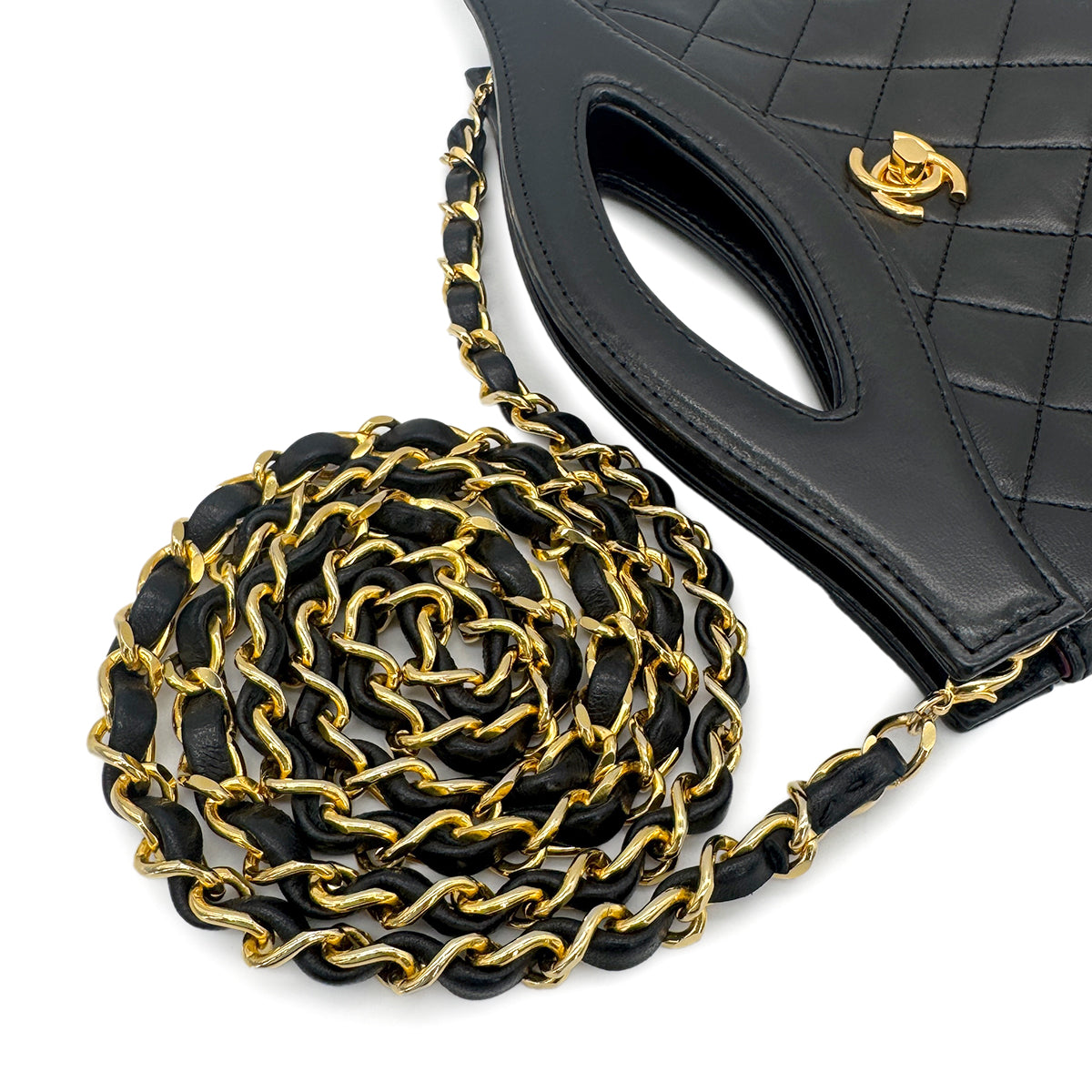 CHANEL VINTAGE 2WAY HAND CHAIN SHOULDER BAG BLACK LAMB SKIN 90265415