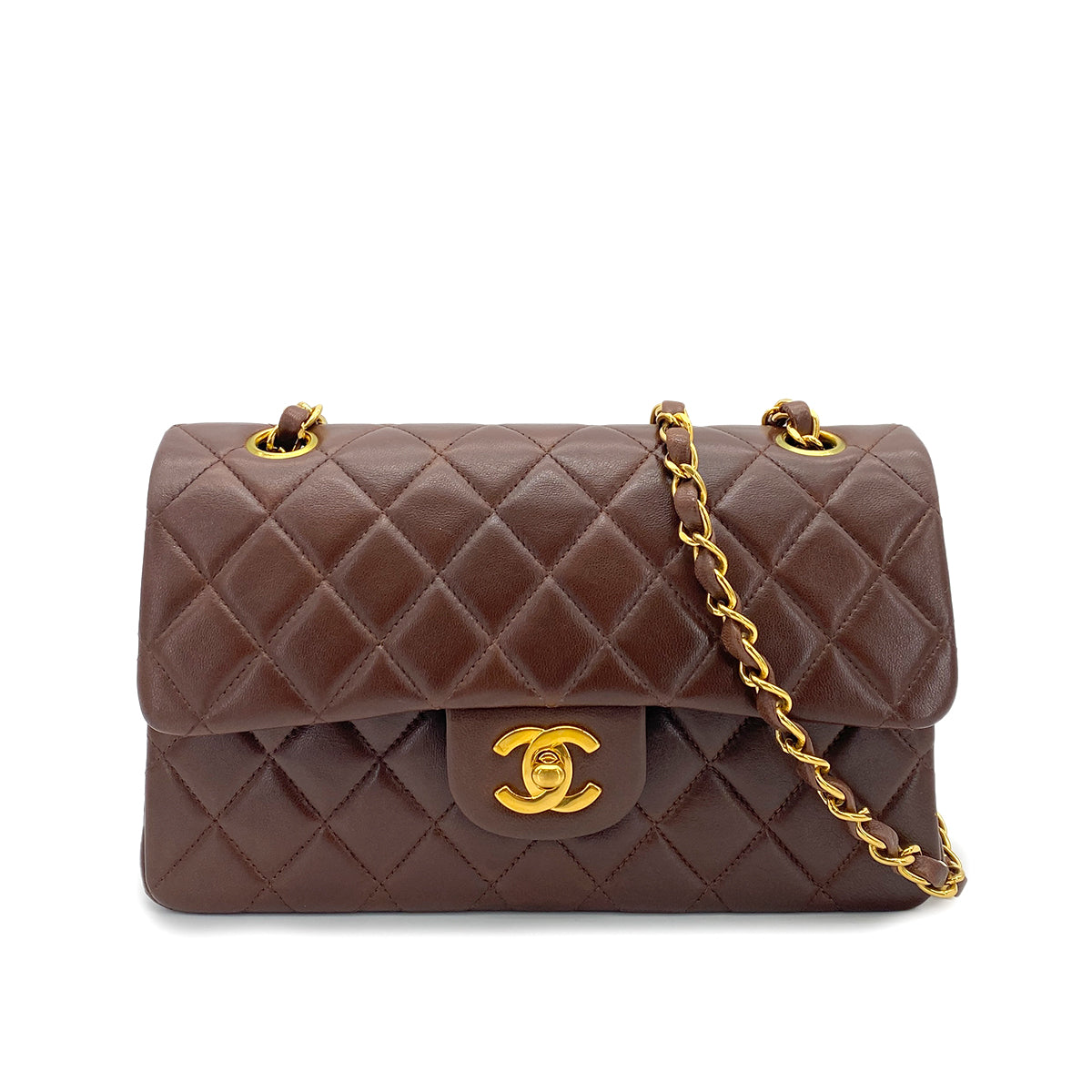 CHANEL VINTAGE CLASSIC FLAP SMALL CHAIN SHOULDER BAG BROWN LAMB SKIN 90265598