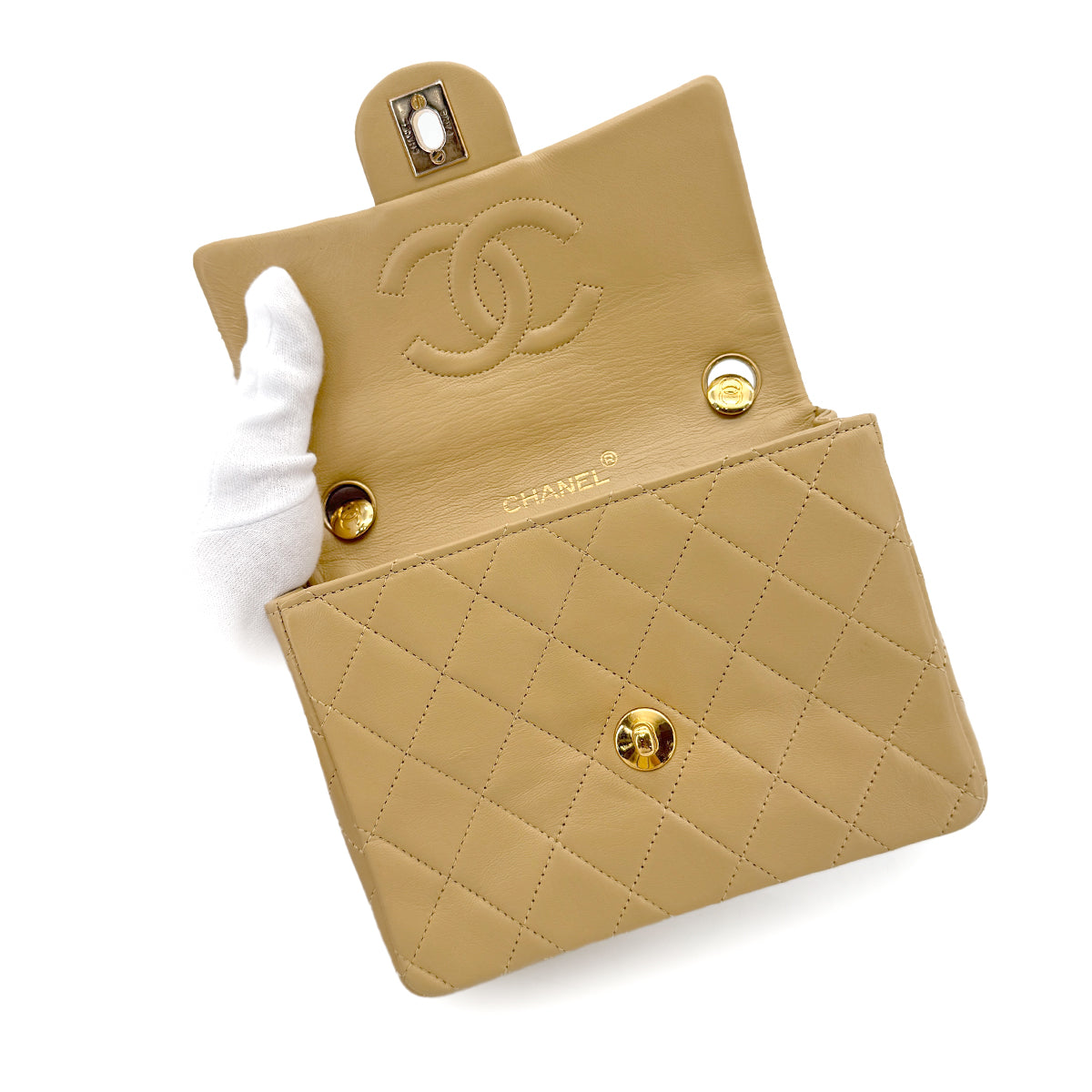 CHANEL VINTAGE MINI SQUARE 17 CHAIN HAND BAG BEIGE LAMB SKIN 90265880