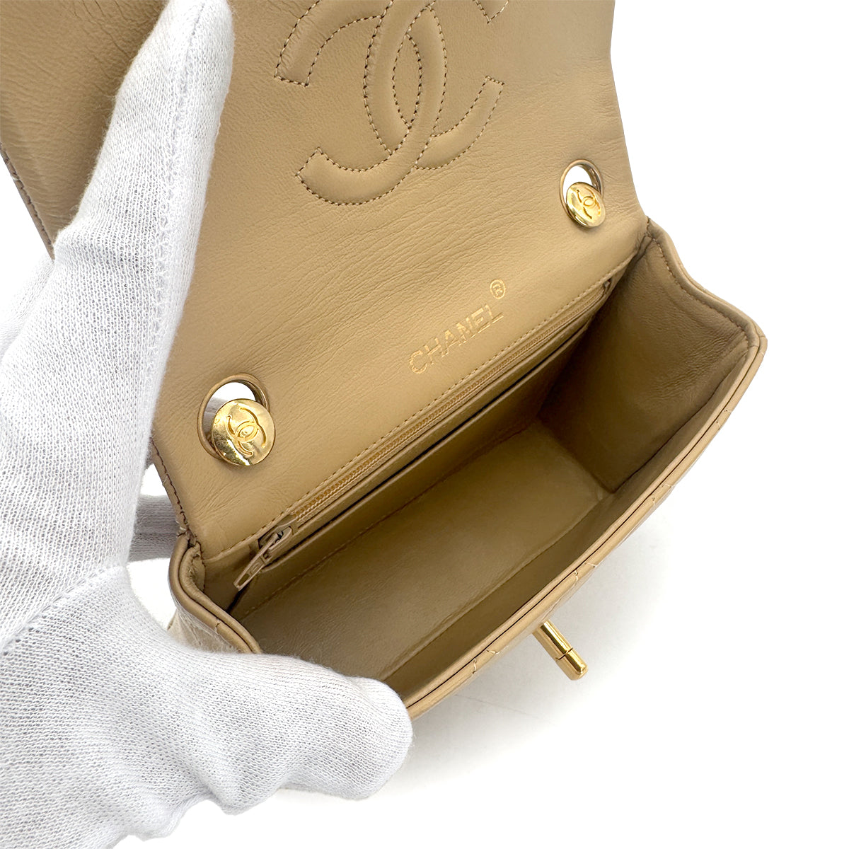 CHANEL VINTAGE MINI SQUARE 17 CHAIN HAND BAG BEIGE LAMB SKIN 90265880