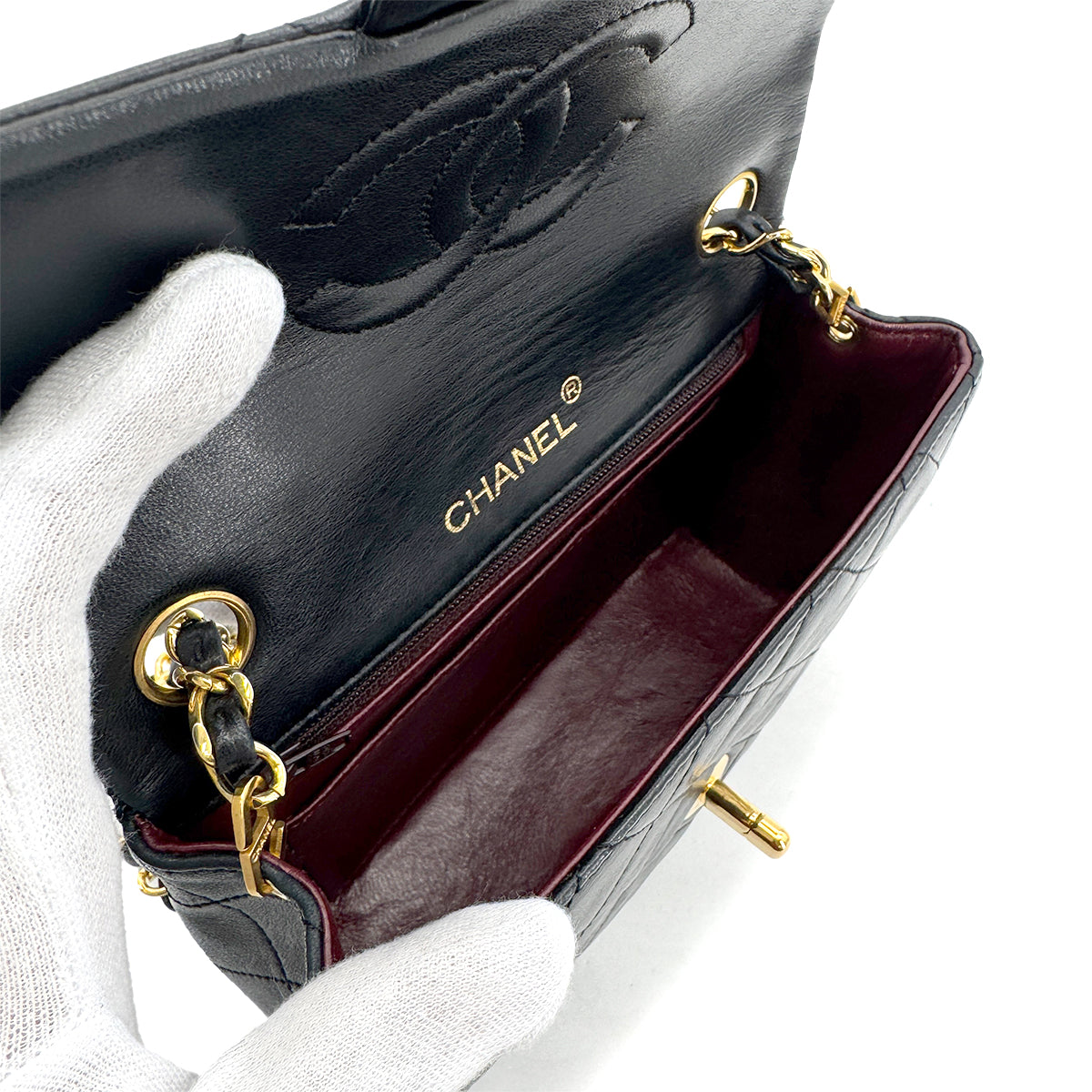 CHANEL VINTAGE MINI SQUARE 17 CHAIN SHOULDER BAG BLACK LAMB SKIN 90265881