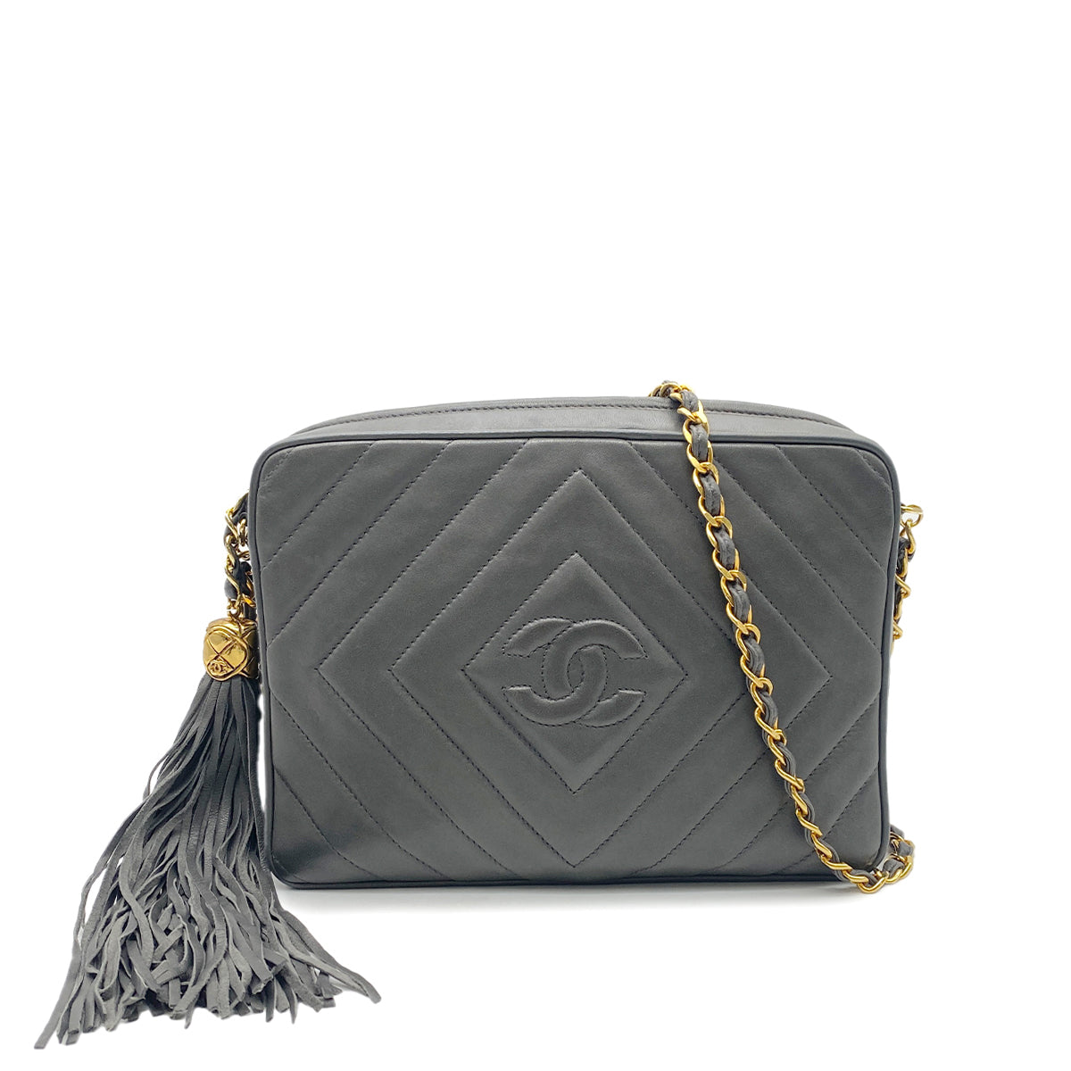 CHANEL VINTAGE DIA STITCH FRINGE CHAIN SHOULDER BAG GRAY LAMB SKIN 90265882