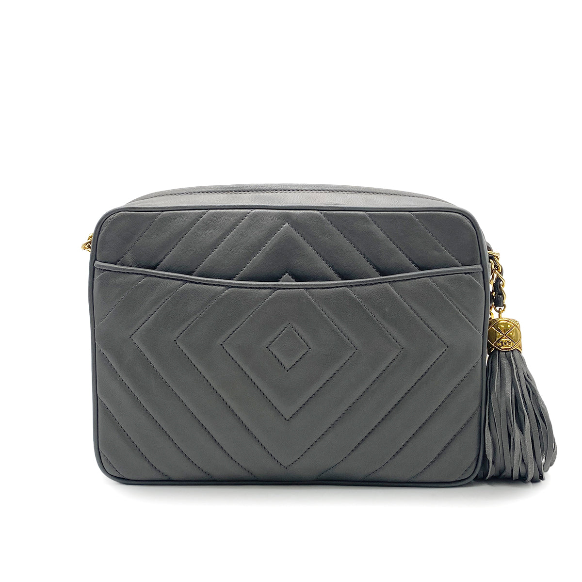 CHANEL VINTAGE DIA STITCH FRINGE CHAIN SHOULDER BAG GRAY LAMB SKIN 90265882