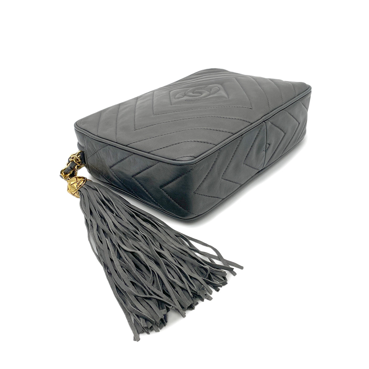 CHANEL VINTAGE DIA STITCH FRINGE CHAIN SHOULDER BAG GRAY LAMB SKIN 90265882