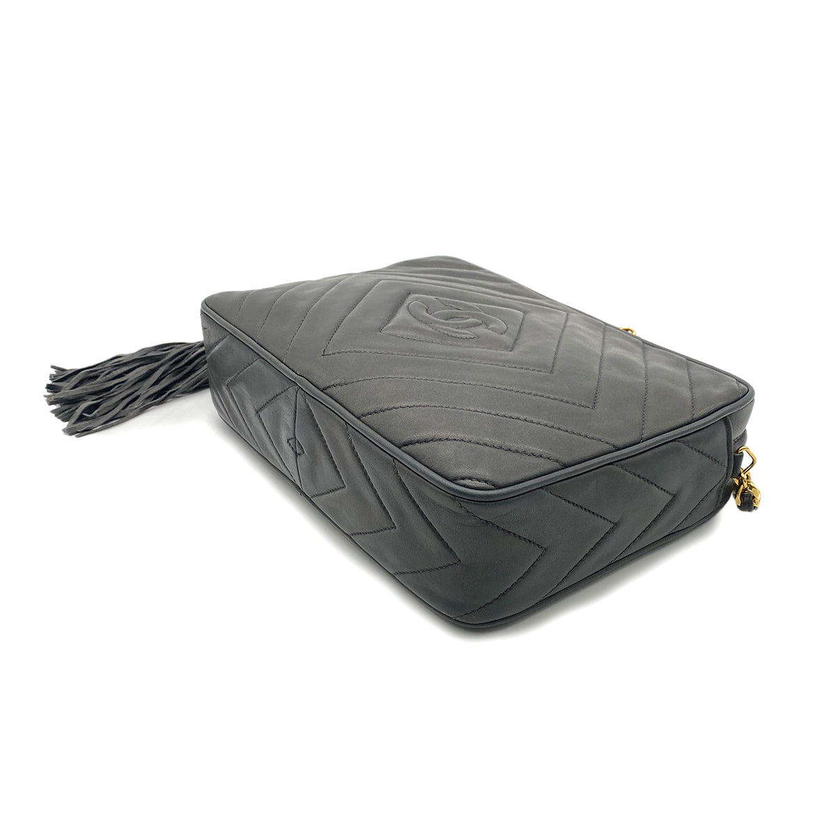 CHANEL VINTAGE DIA STITCH FRINGE CHAIN SHOULDER BAG GRAY LAMB SKIN 90265882