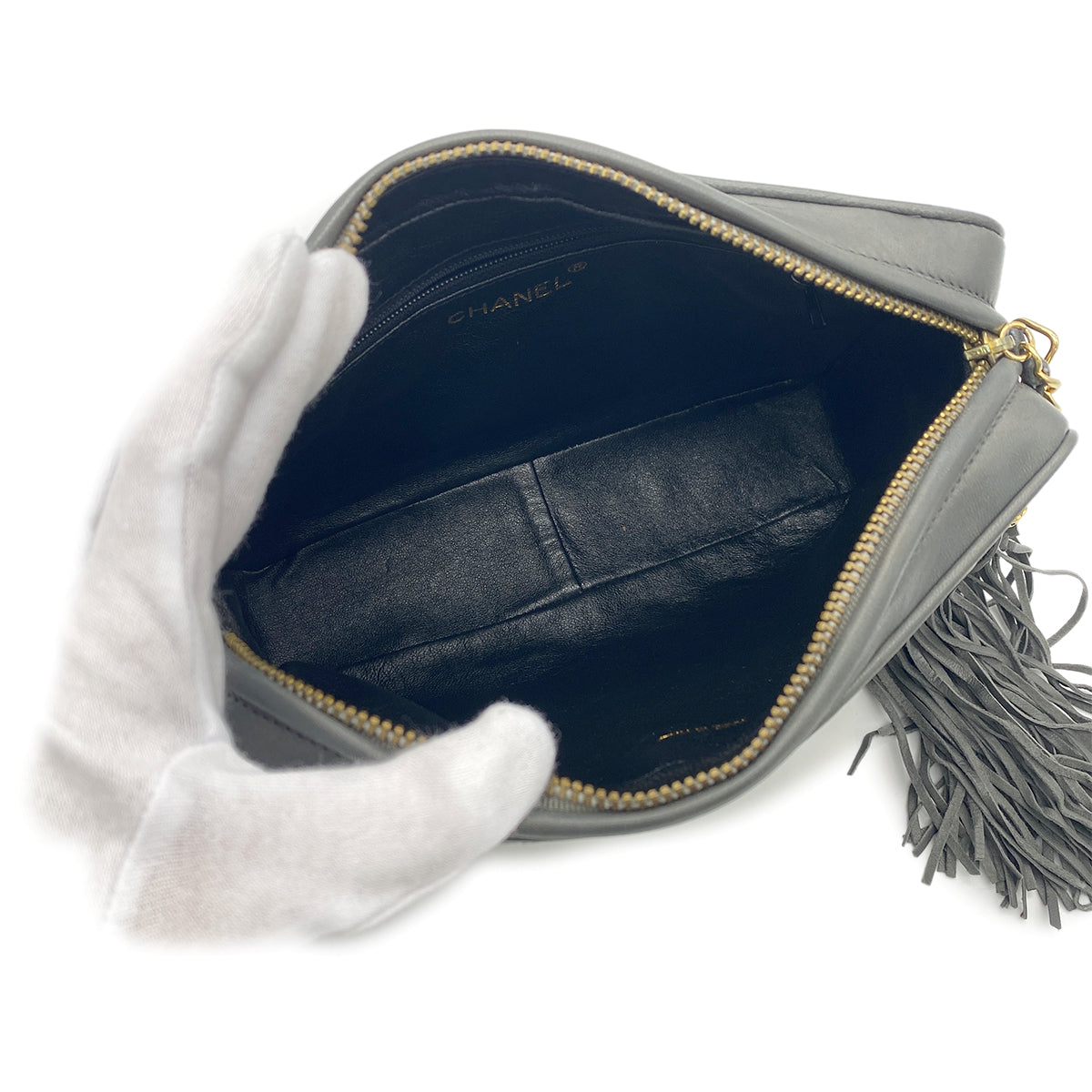 CHANEL VINTAGE DIA STITCH FRINGE CHAIN SHOULDER BAG GRAY LAMB SKIN 90265882