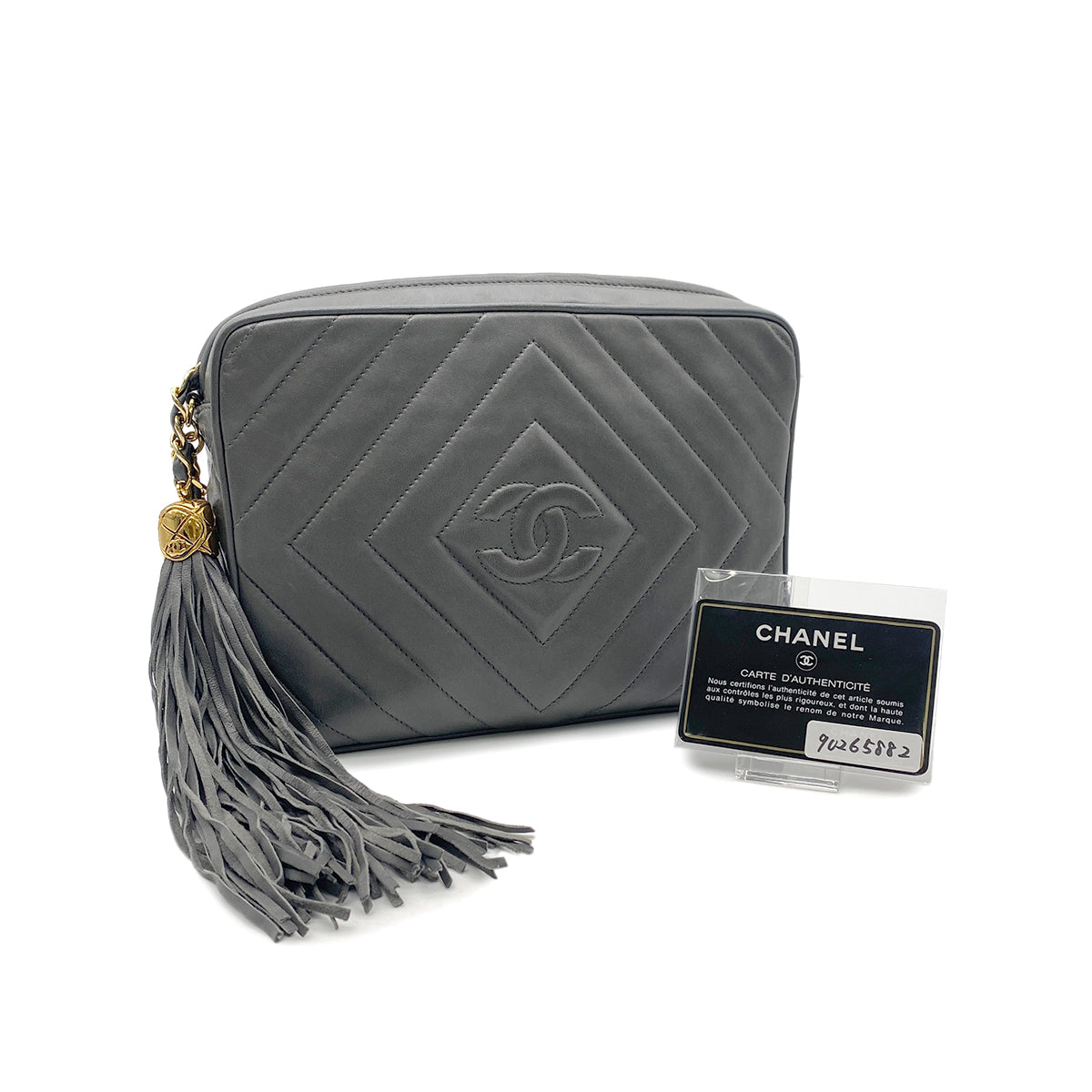 CHANEL VINTAGE DIA STITCH FRINGE CHAIN SHOULDER BAG GRAY LAMB SKIN 90265882