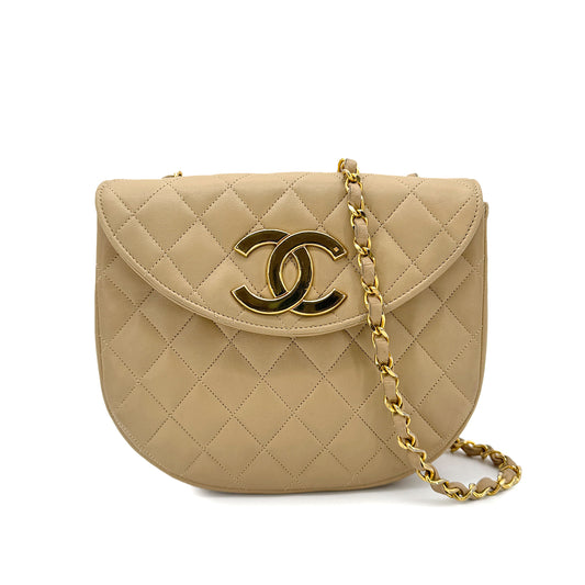 CHANEL VINTAGE BIG COCO HALF MOON CHAIN SHOULDER BAG BEIGE LAMB SKIN 90265885