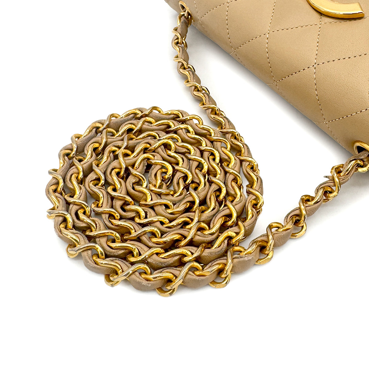 CHANEL VINTAGE BIG COCO HALF MOON CHAIN SHOULDER BAG BEIGE LAMB SKIN 90265885