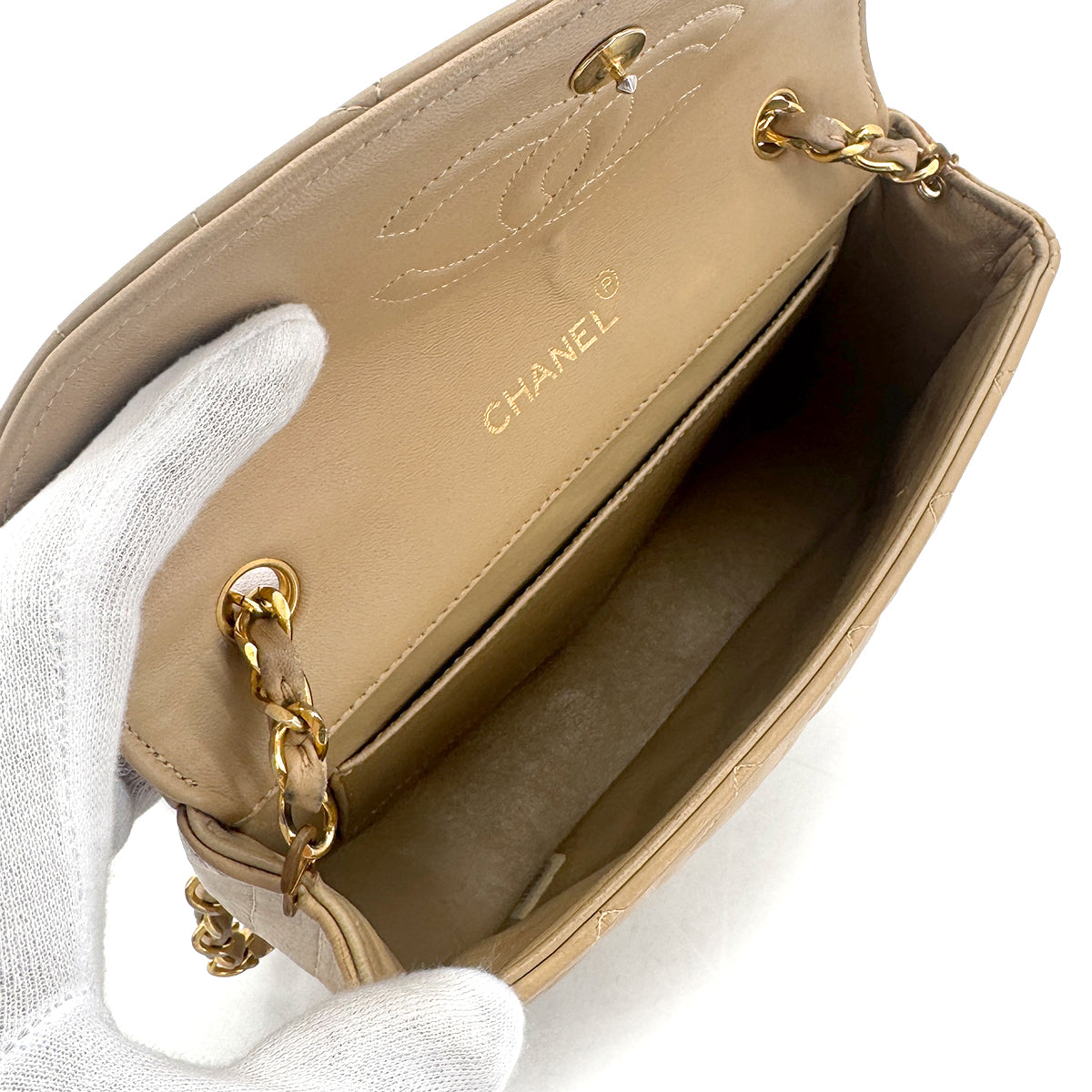 CHANEL VINTAGE BIG COCO HALF MOON CHAIN SHOULDER BAG BEIGE LAMB SKIN 90265885