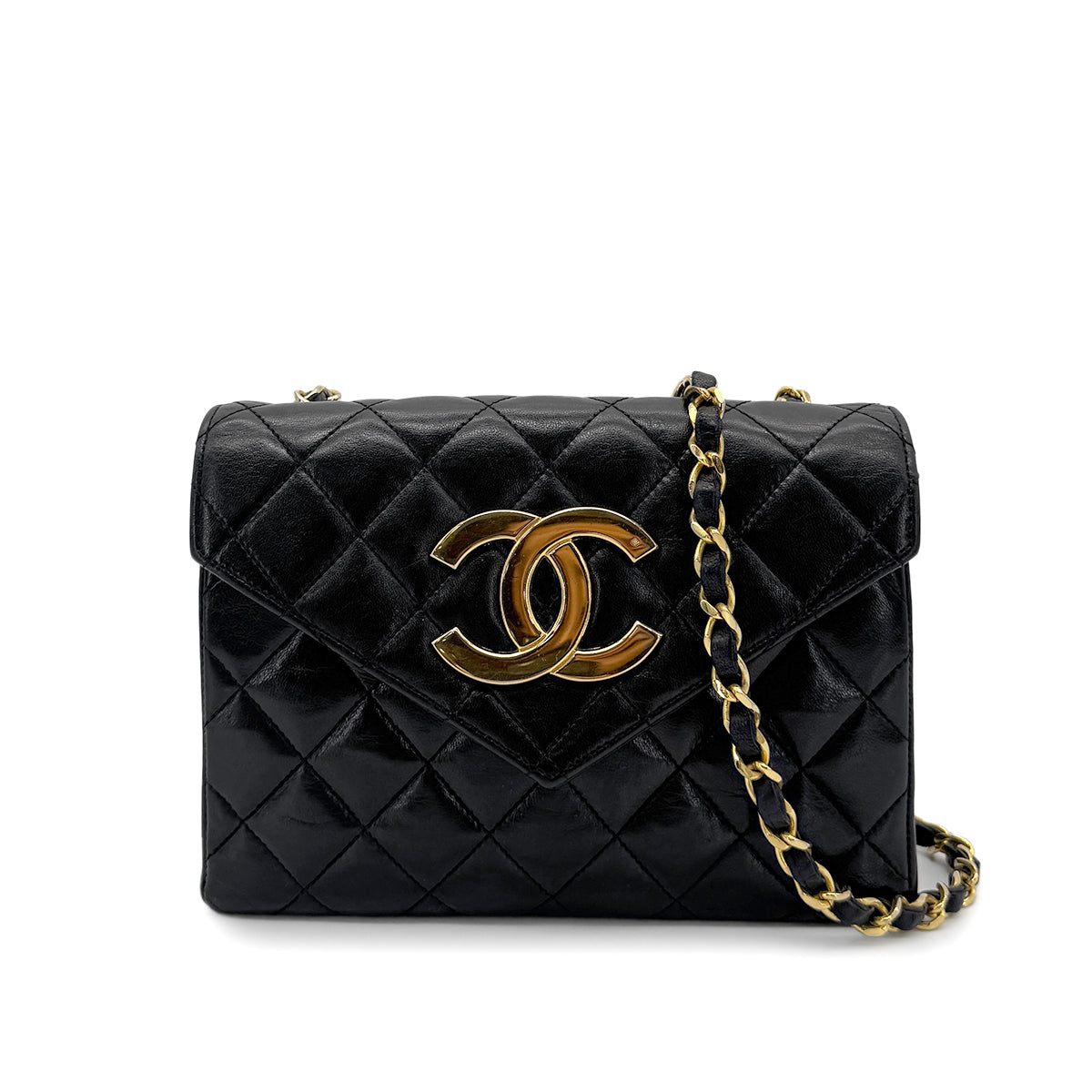 CHANEL VINTAGE MATELASSE BIG COCO CHAIN SHOULDER BAG BLACK LAMB SKIN 90265887