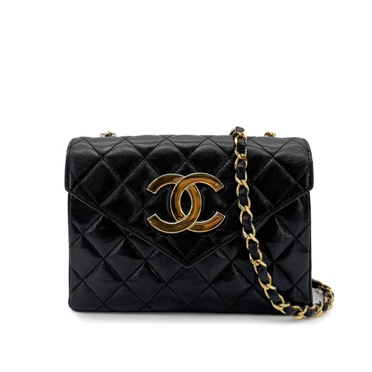 CHANEL VINTAGE MATELASSE BIG COCO CHAIN SHOULDER BAG BLACK LAMB SKIN 90265887