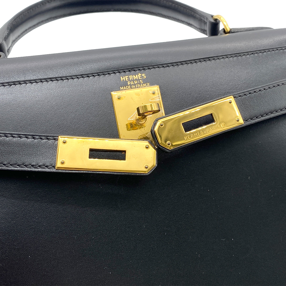 HERMES KELLY 28 SELLIER BLACK BOXCALF HAND SHOULDER BAG □A GHW 90265892