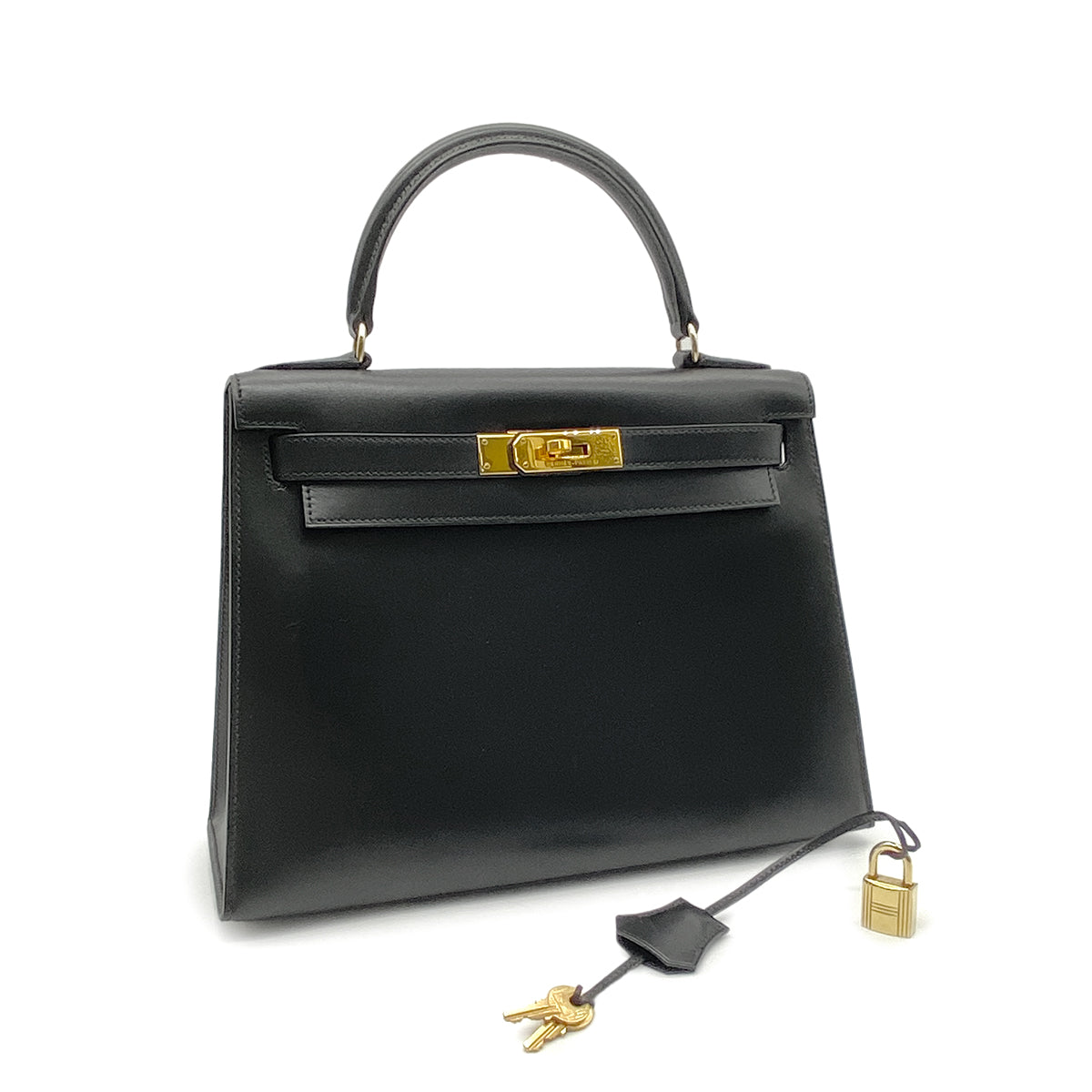 HERMES KELLY 28 SELLIER BLACK BOXCALF HAND SHOULDER BAG □A GHW 90265892