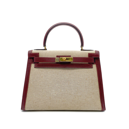 HERMES KELLY 28 ROUGE H ECRU TOILE H COUCHEVEL HAND BAG 〇M GHW 90265900