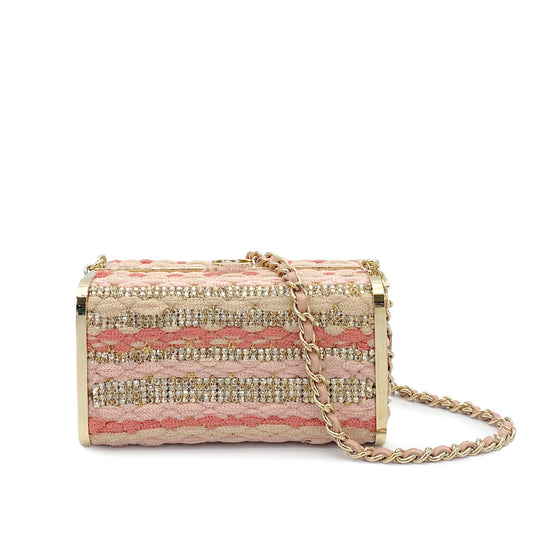 CHANEL MINAUDIERE CHAIN SHOULDER BAG PINK KNIT LEATHER RHINESTONE 90265911