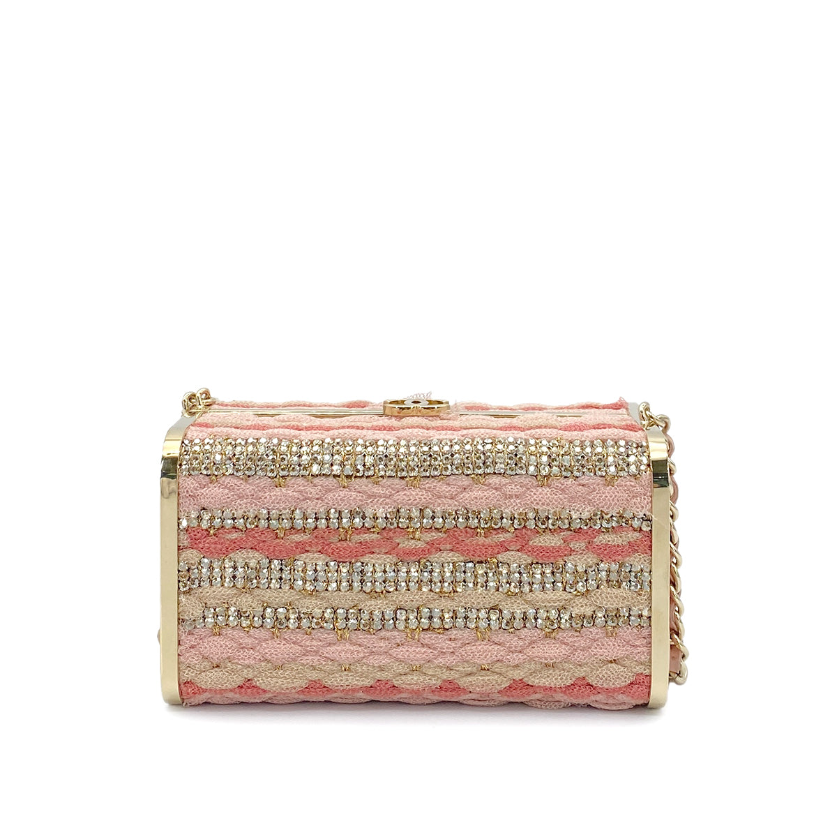CHANEL MINAUDIERE CHAIN SHOULDER BAG PINK KNIT LEATHER RHINESTONE 90265911