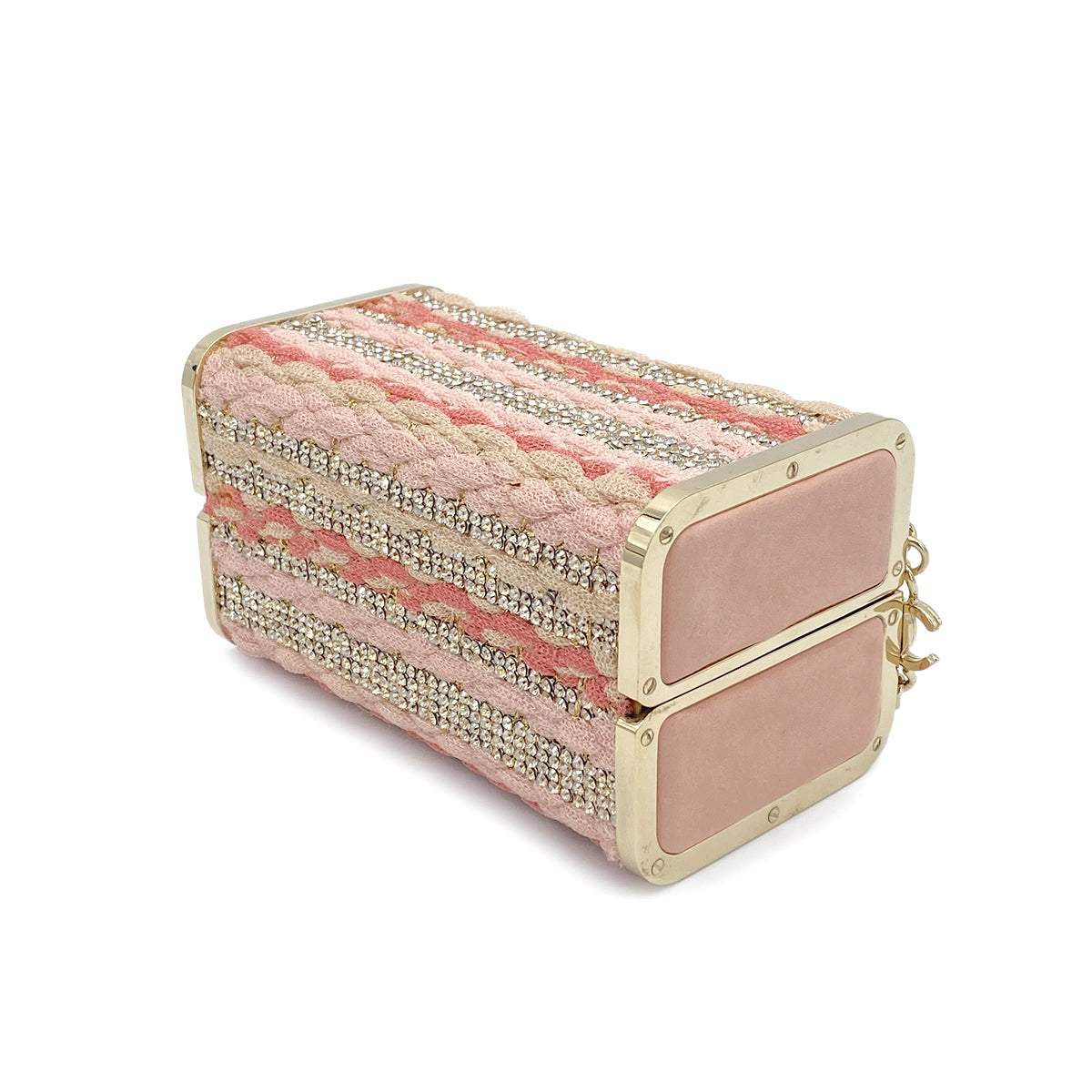 CHANEL MINAUDIERE CHAIN SHOULDER BAG PINK KNIT LEATHER RHINESTONE 90265911
