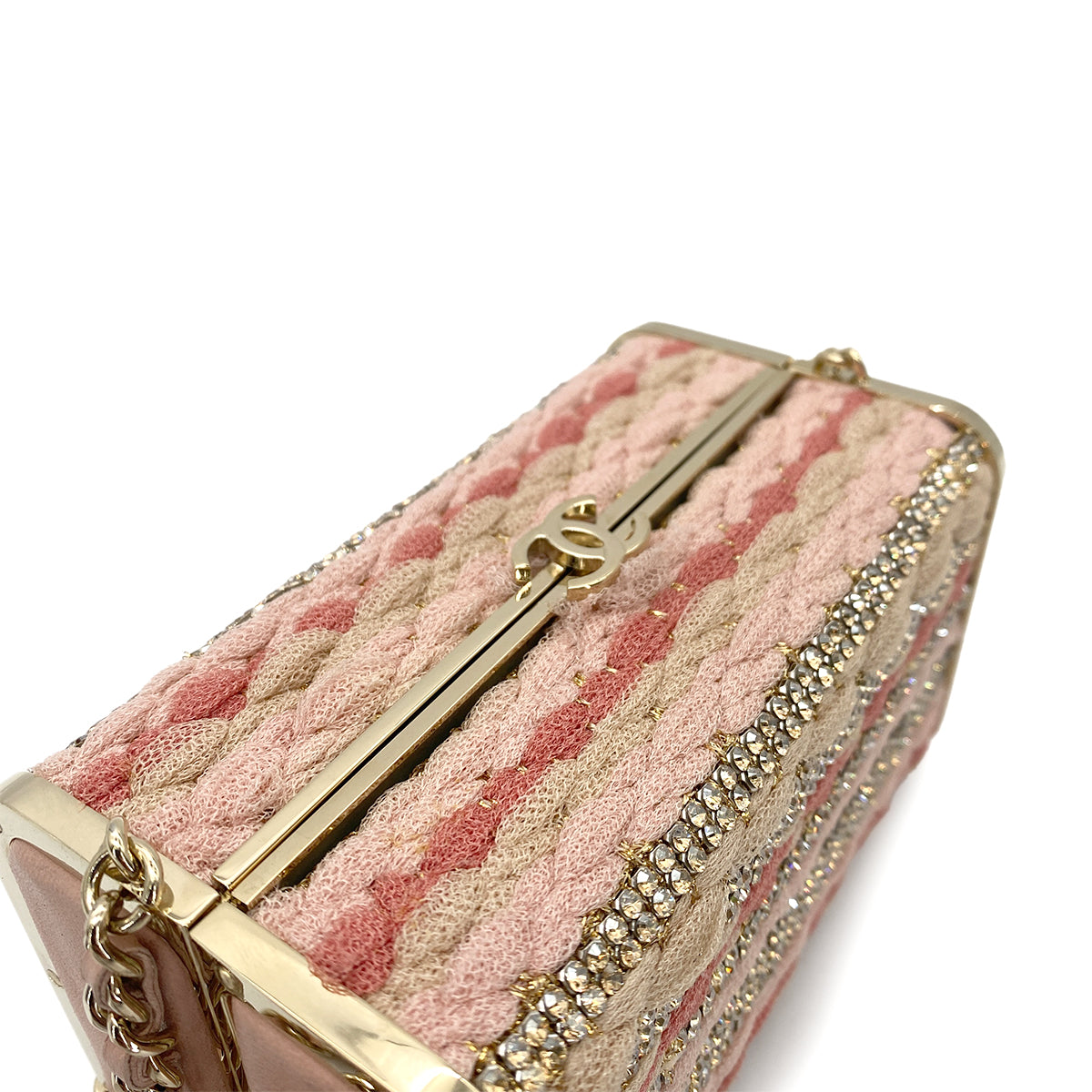 CHANEL MINAUDIERE CHAIN SHOULDER BAG PINK KNIT LEATHER RHINESTONE 90265911