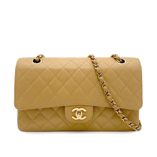 CHANEL VINTAGE CLASSIC FLAP MEDIUM CHAIN SHOULDER BAG BEIGE CAVIAR SKIN 90265918