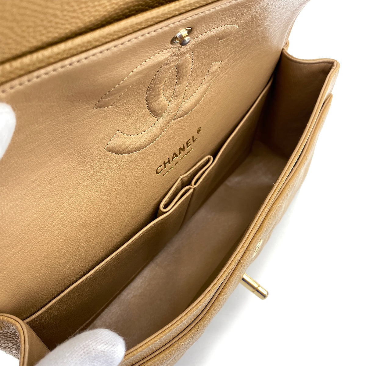 CHANEL VINTAGE CLASSIC FLAP MEDIUM CHAIN SHOULDER BAG BEIGE CAVIAR SKIN 90265918