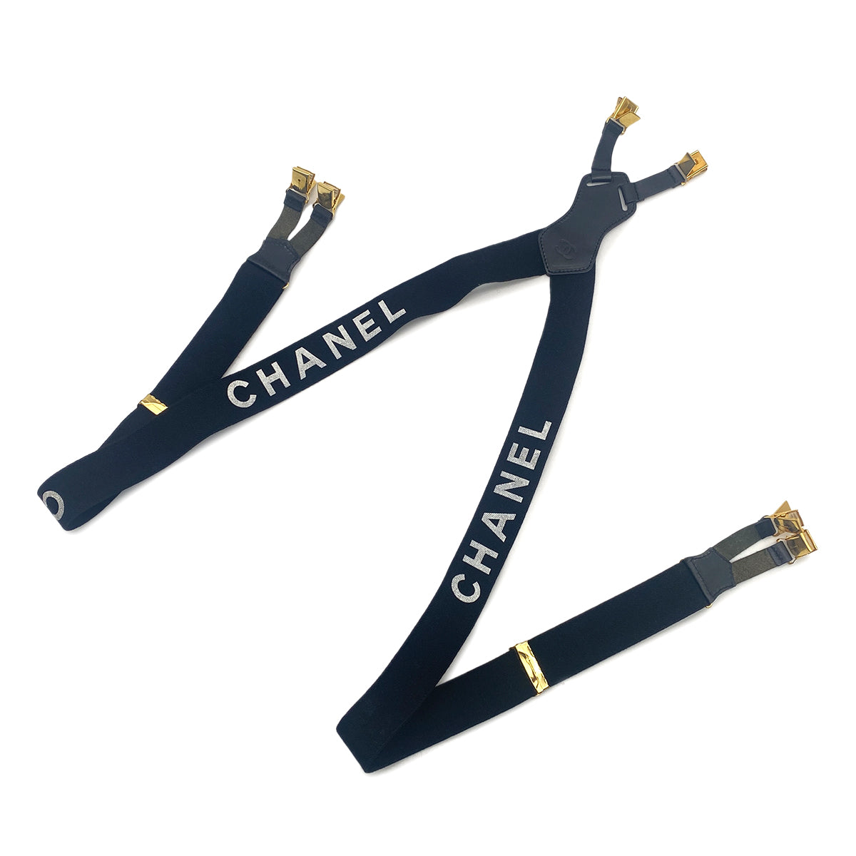 CHANEL VINTAGE SUSPENDER LOGO BLACK WHITE CANVAS LEATHER 90266158