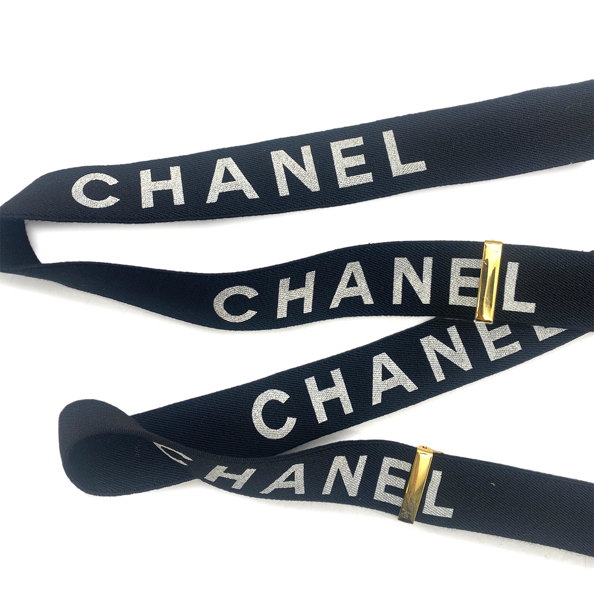 CHANEL VINTAGE SUSPENDER LOGO BLACK WHITE CANVAS LEATHER 90266158