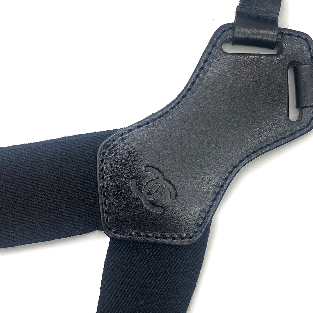 CHANEL VINTAGE SUSPENDER LOGO BLACK WHITE CANVAS LEATHER 90266158