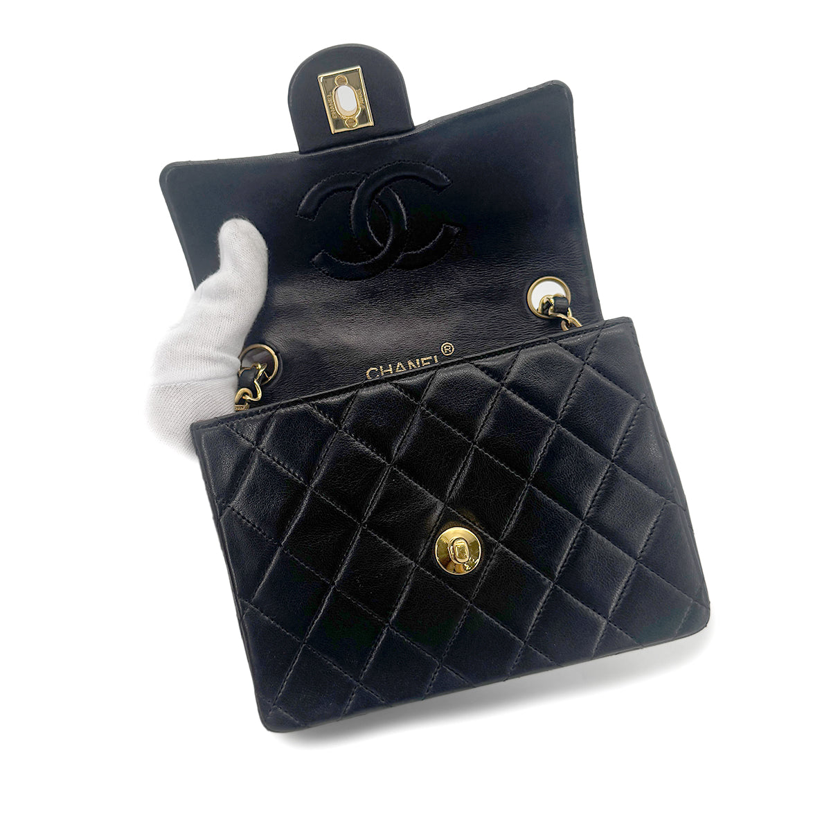 CHANEL VINTAGE MINI SQUARE 17 CHAIN SHOULDER BAG BLACK LAMB SKIN 90266253