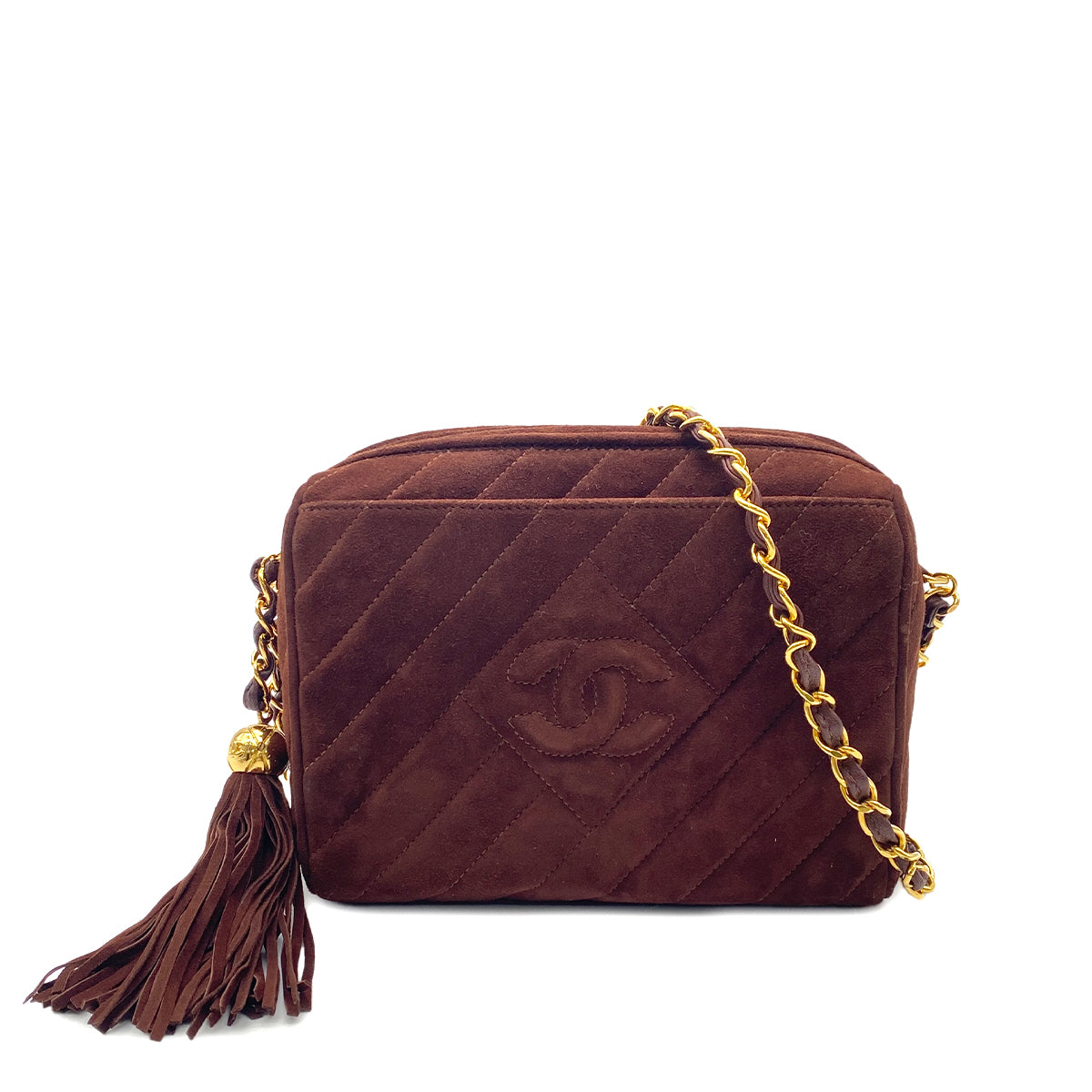 CHANEL VINTAGE FRINGE CHAIN SHOULDER BAG BROWN SUEDE 90266419