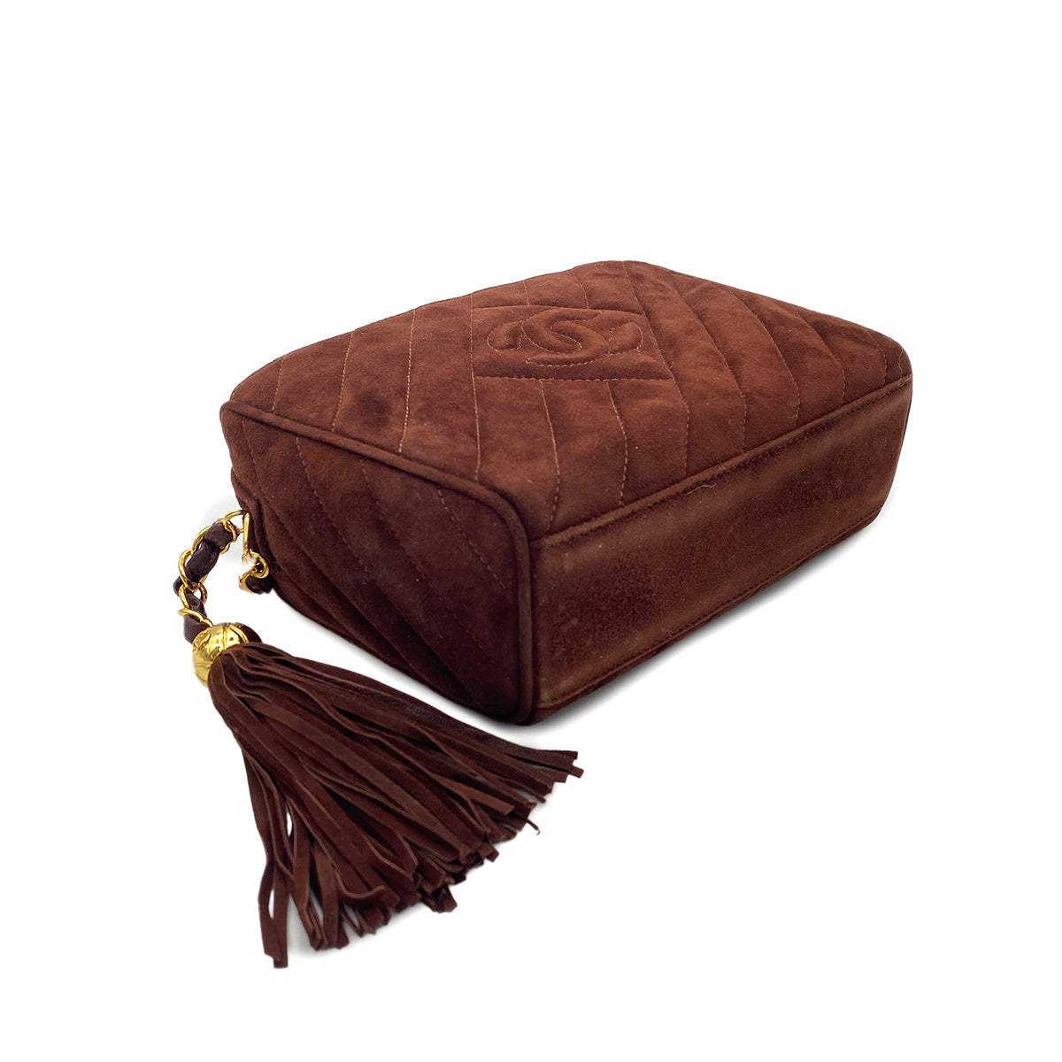 CHANEL VINTAGE FRINGE CHAIN SHOULDER BAG BROWN SUEDE 90266419