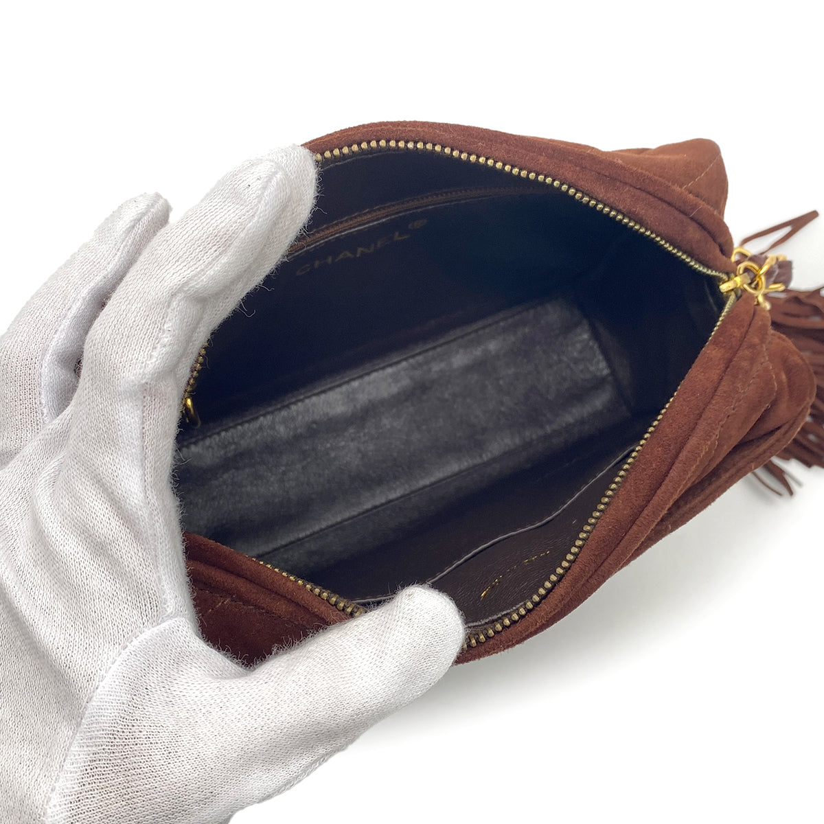 CHANEL VINTAGE FRINGE CHAIN SHOULDER BAG BROWN SUEDE 90266419