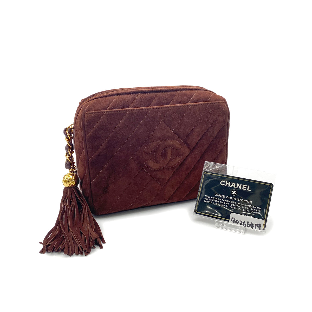 CHANEL VINTAGE FRINGE CHAIN SHOULDER BAG BROWN SUEDE 90266419